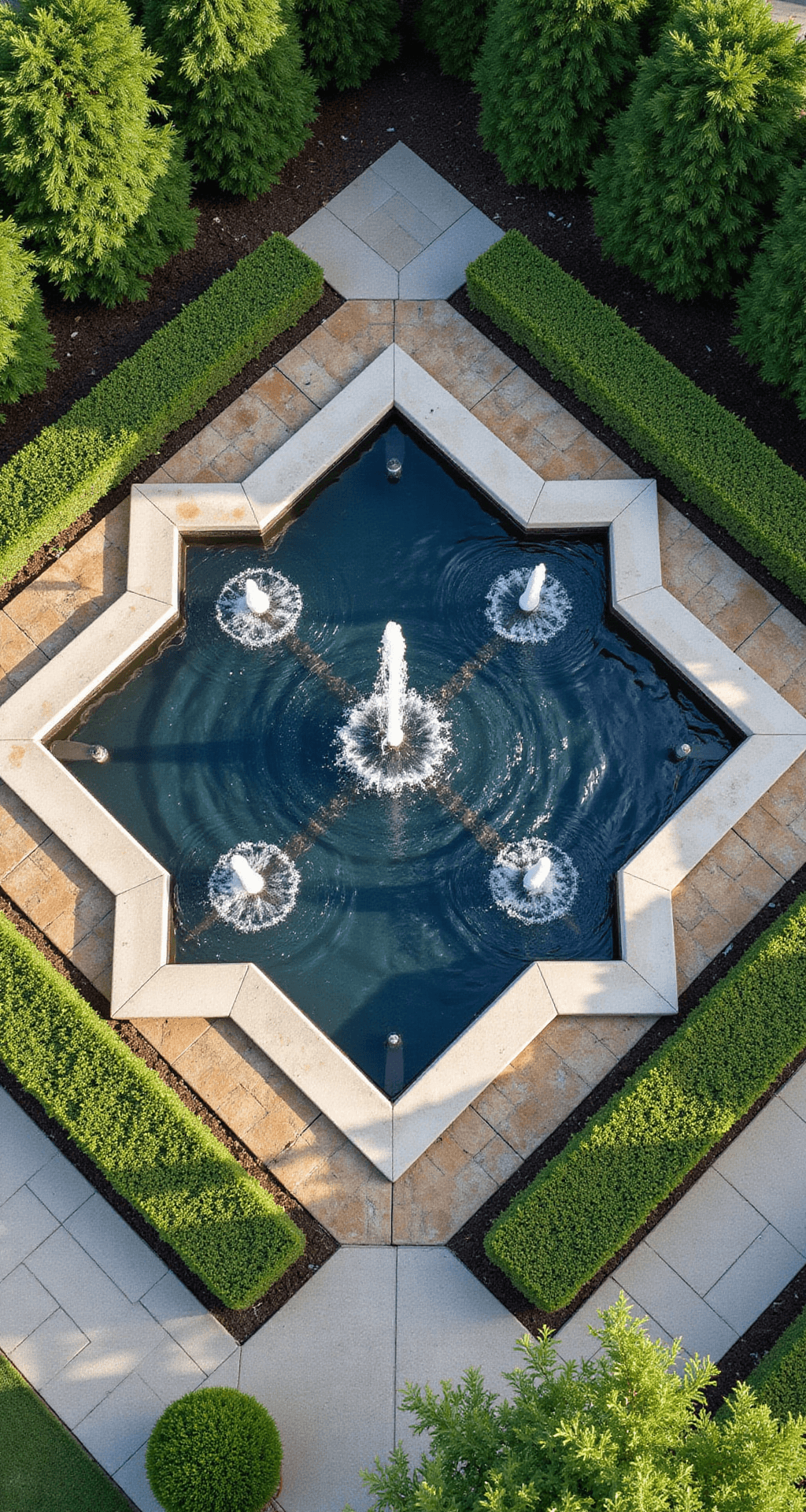 Overhead view of a 12x12ft square pond with symmetrical design, featuring four corner fountain jets and structured boxwood hedging. The Mediterranean limestone coping contrasts with dark water, while underwater LED lights are visible. Clean architectural lines are highlighted by a geometric paving pattern, shot in bright midday sun.