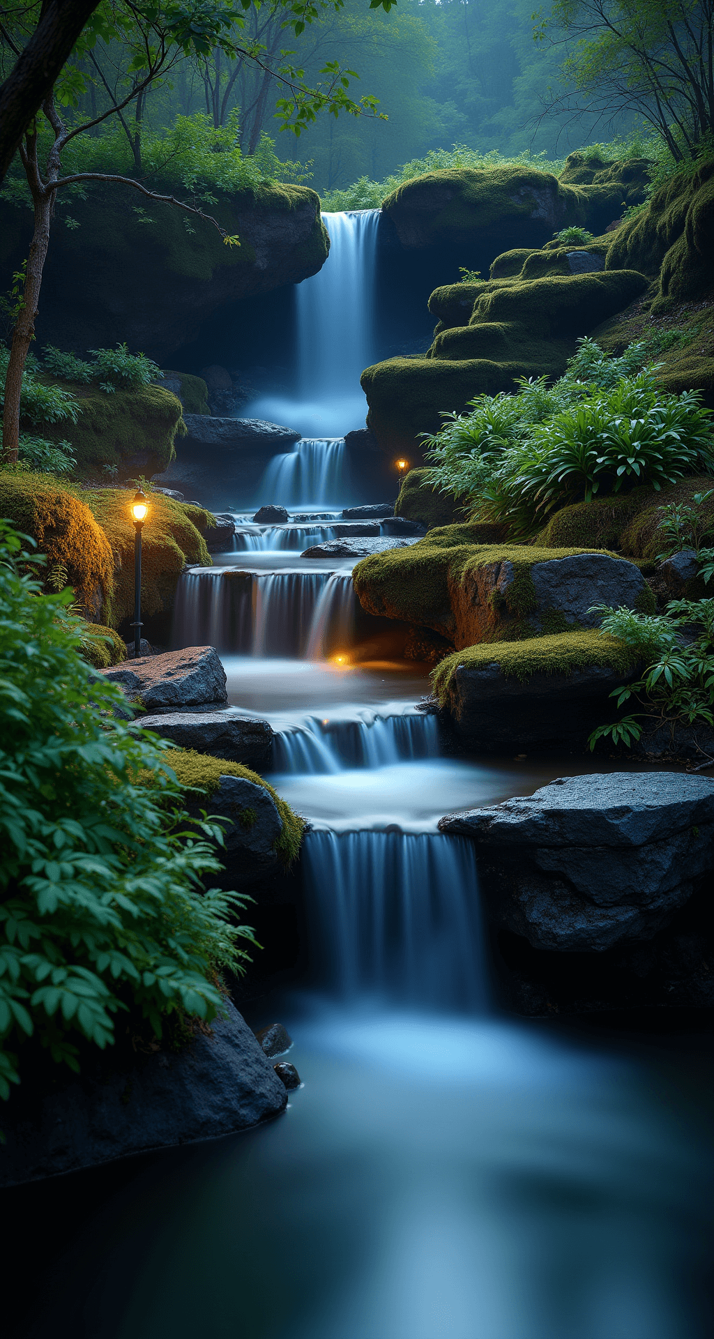 A twilight scene of a 20x25ft organic-shaped woodland pond featuring cascading waterfalls over moss-covered rocks, illuminated by professional lighting that highlights the water movement and creates an atmospheric glow. Lush greenery from native ferns and hostas edges the pond, while subtle fog effects add a mysterious touch. The low camera angle emphasizes the dramatic waterfalls, with cool blue lighting accented by warm amber tones.