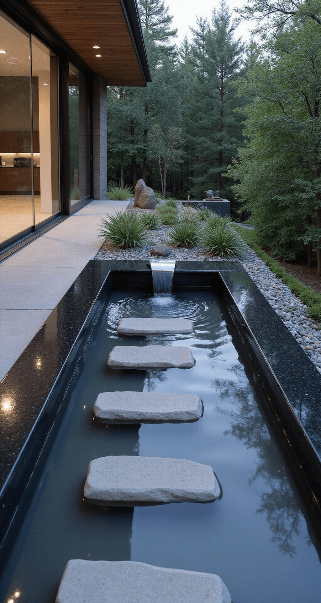 A contemporary zen garden pond viewed from an elevated terrace, featuring a 10x15ft rectangular design with floating stepping stones leading to a central meditation platform, a minimalist chrome fountain with a waterfall effect, black polished granite edging, and strategic spotlighting, all in a monochromatic palette of greys and blacks.