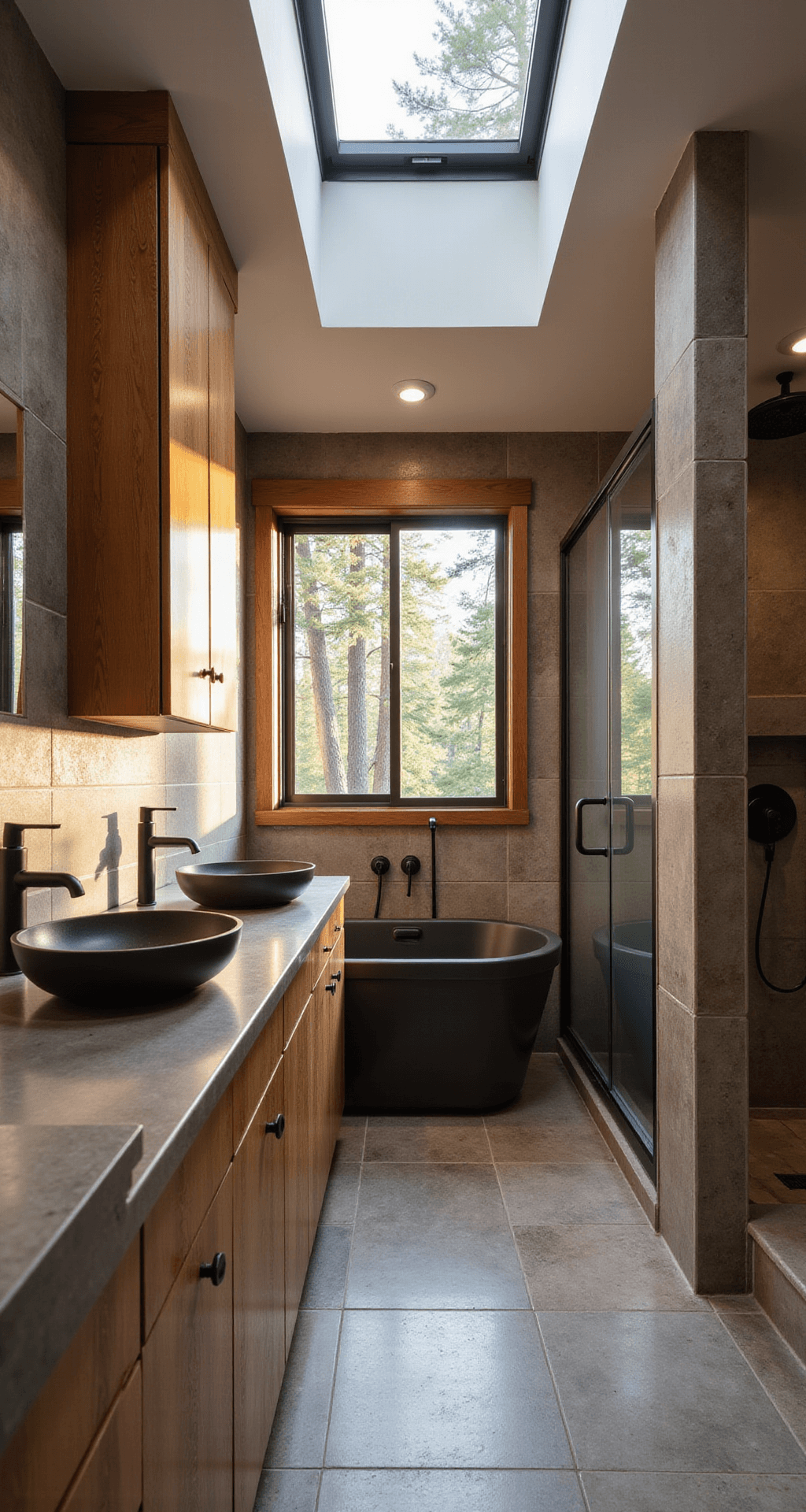 An intimate mountain modern bathroom featuring warm afternoon light, rich wood cabinets with concrete countertops, floor-to-ceiling stone tiles, a glass walk-in shower, a freestanding tub, and matte black fixtures, all captured from a corner perspective.