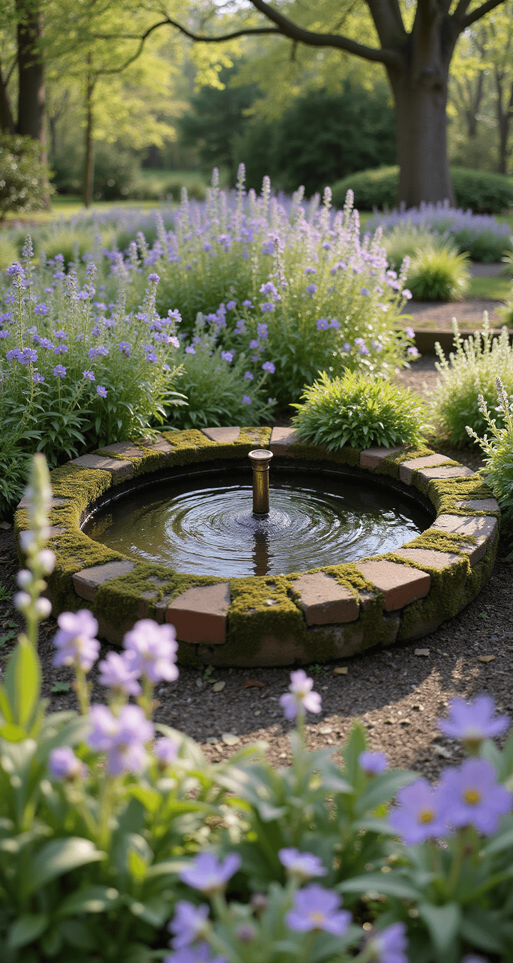Intimate cottage garden pond in spring bloom, featuring an 8ft vintage copper fountain spout surrounded by flowering perennials like forget-me-nots and primrose, weathered brick edging with moss, all depicted in soft natural lighting for a romantic pastel atmosphere.