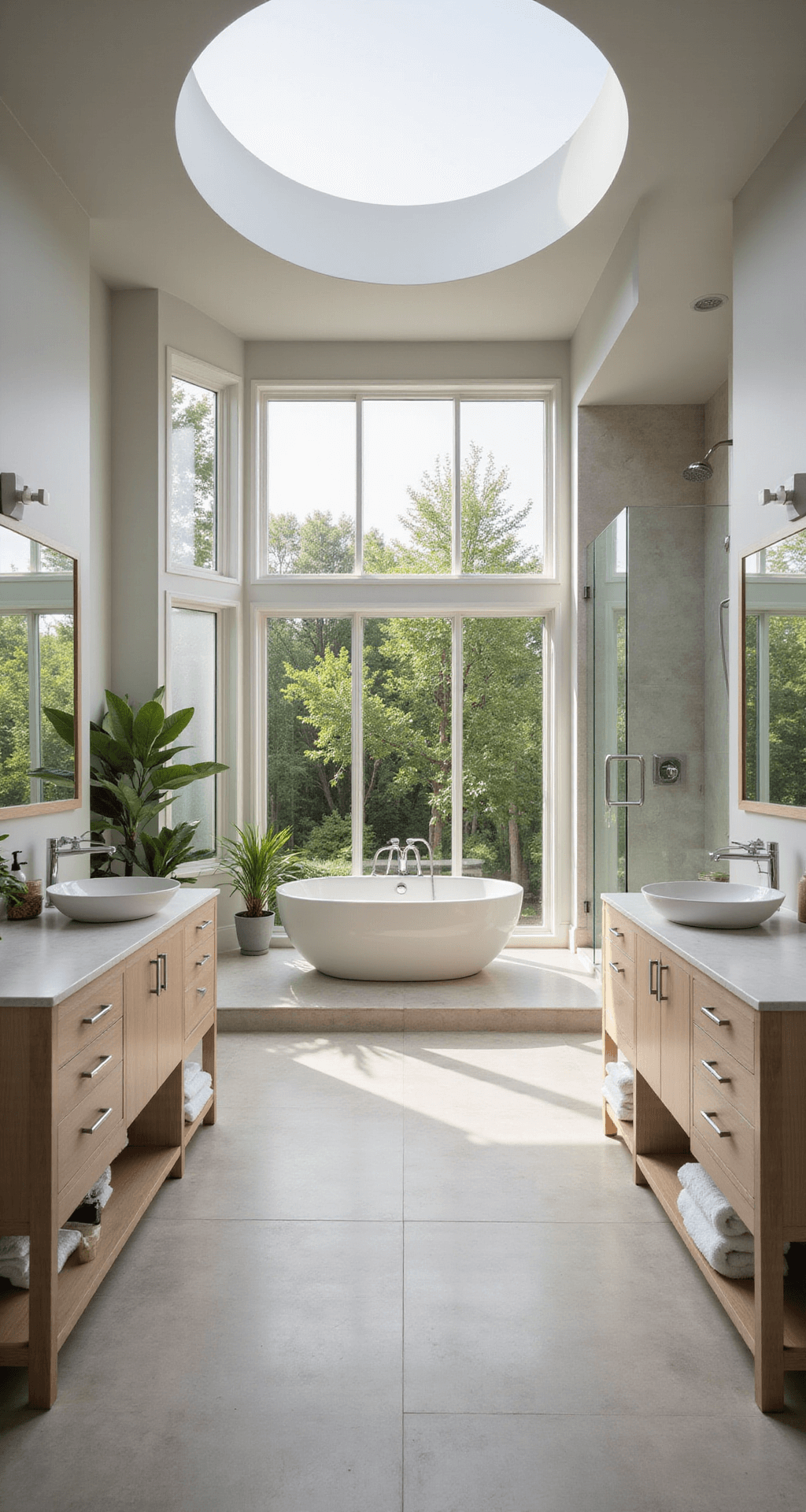Luxurious spa-inspired master bathroom featuring a freestanding oval tub on a raised platform, spacious walk-in shower with multiple showerheads, double floating vanities, oversized porcelain tiles, and abundant natural light from expansive windows and a circular skylight.