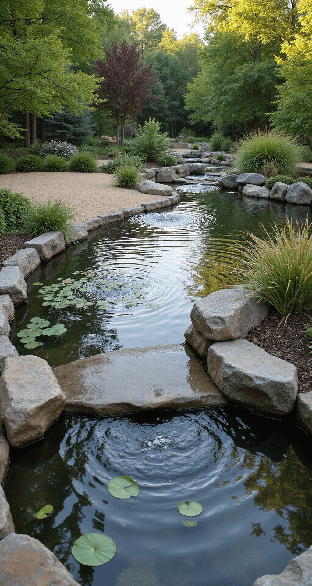 A modern wildlife pond featuring native plantings, hidden bubble fountains, and a natural stone beach entry, with crystal-clear water revealing graduated depths, native water lilies, and rushes, all captured in golden late afternoon light.