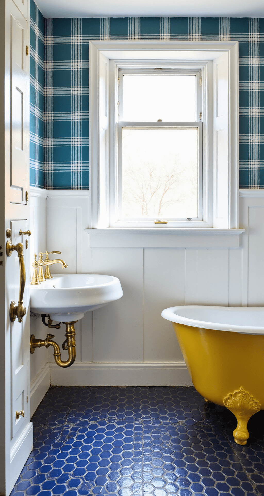 A vibrant preppy bathroom with bold blue and white plaid wallpaper, classic white wainscoting, a porcelain console sink with brass legs, built-in white cabinets, navy blue penny tile flooring, a bright yellow clawfoot tub, and brass fixtures, all illuminated by bright midday sun through a bay window.