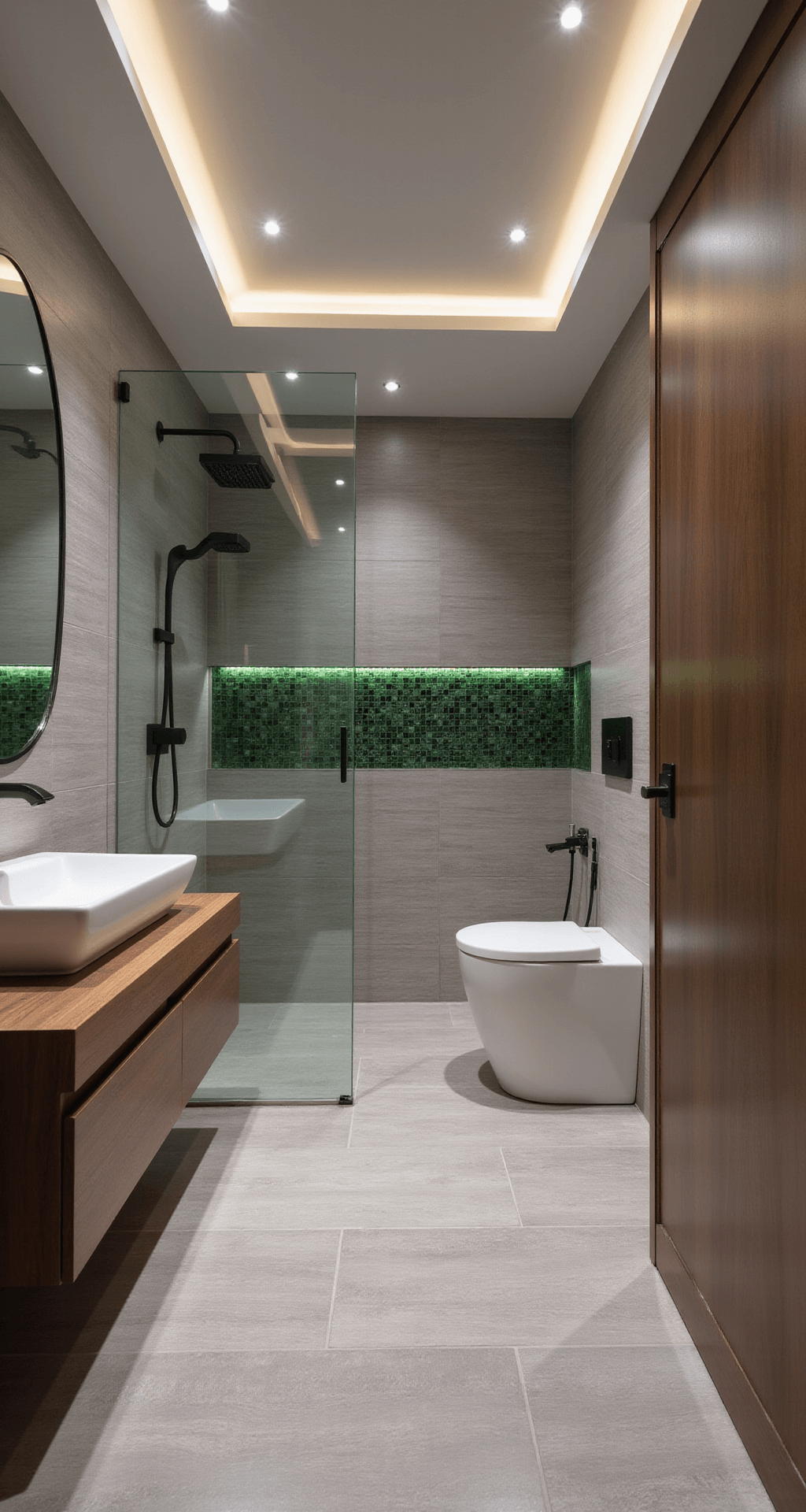 A modern wet room bathroom featuring an open-concept shower and freestanding tub separated by a partial glass partition, illuminated by soft LED strips. The floors and walls are covered in large-format gray porcelain tiles with a wood grain texture, sloping towards a linear drain. A floating walnut vanity and matte black fixtures enhance the contemporary design, while a green mosaic tile accent wall adds a vibrant touch. The image is captured from a low angle near the entrance, highlighting the room's spacious feel.