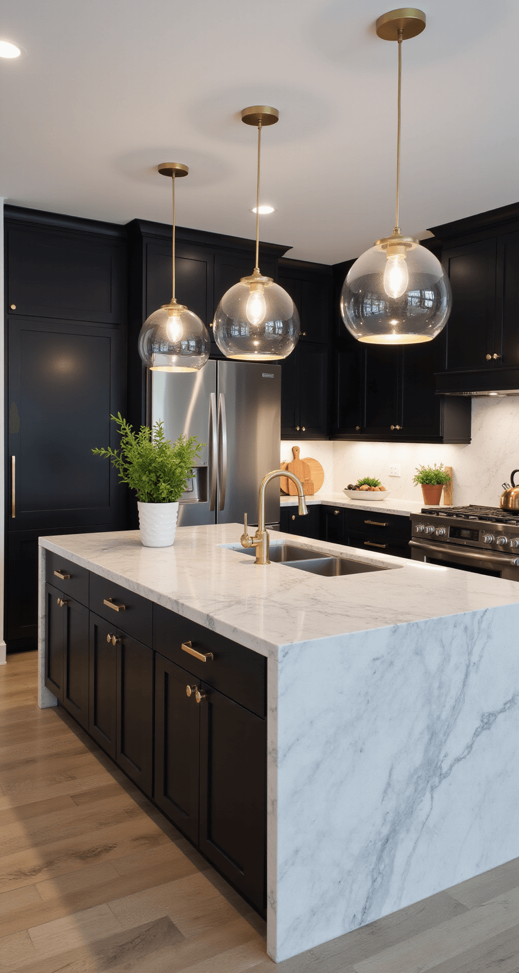 Modern open-concept kitchen featuring a veined Calacatta marble waterfall island, oversized glass pendant lights, matte black cabinets with brushed gold hardware, and Sub-Zero appliances, styled with a copper kettle and fresh herbs, captured at blue hour with a harmonious blend of natural and warm artificial light.