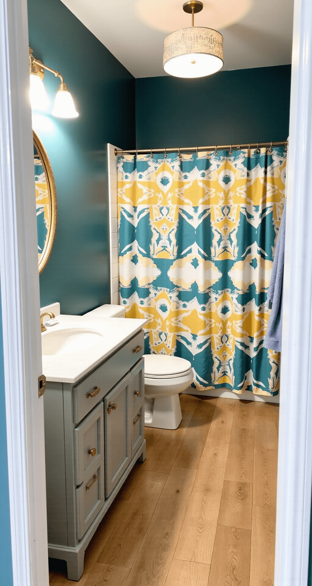 Budget-friendly bathroom makeover with deep teal walls, white subway tiles, luxury vinyl plank flooring, refreshed vanity with brass hardware, large round brass-framed mirror, and a geometric shower curtain in teal, white, and mustard, all under soft artificial light.