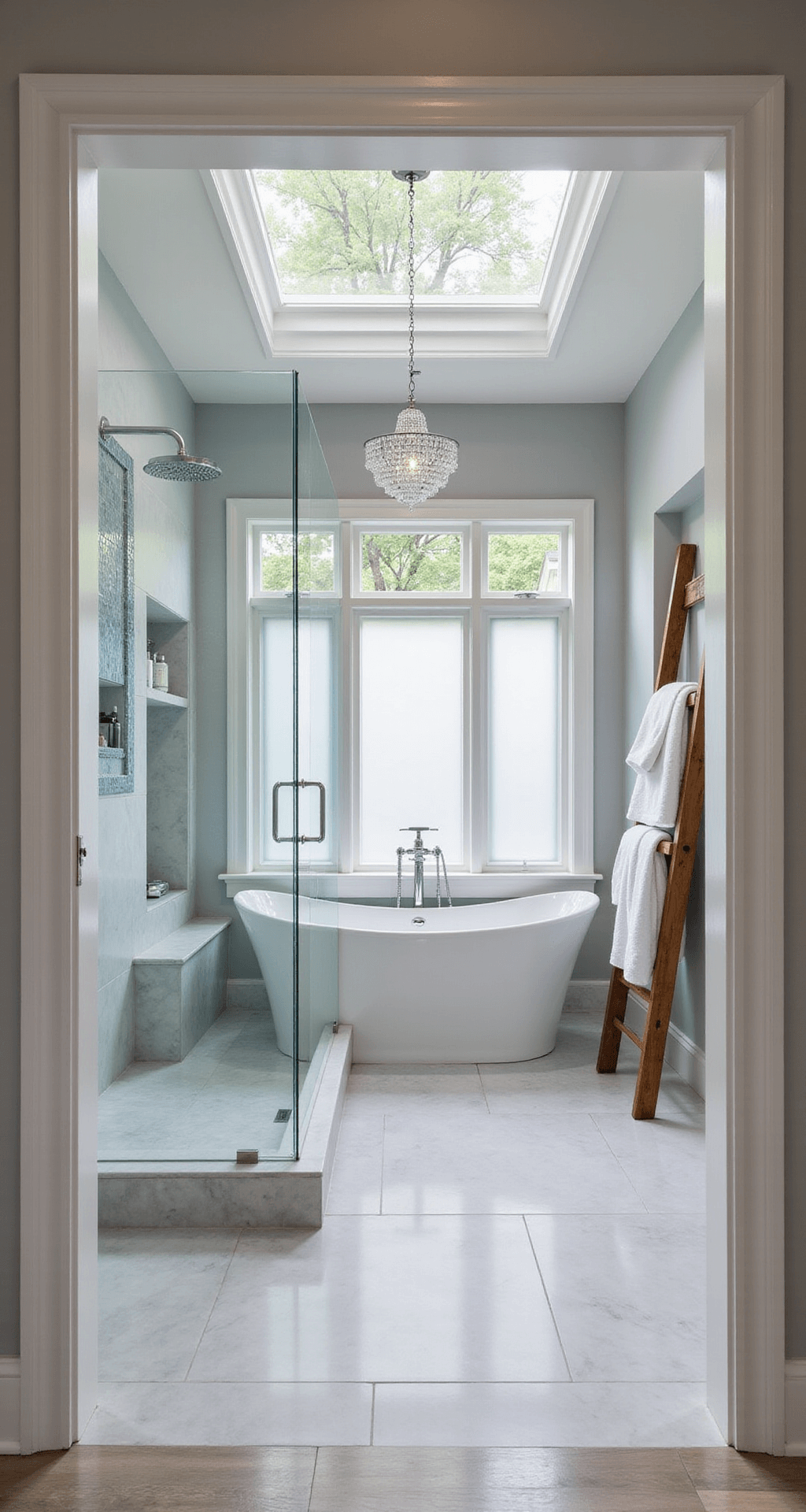 A luxurious master bathroom featuring a spacious walk-in shower with marble tiles and blue glass mosaic inlay, a freestanding porcelain tub beneath a crystal chandelier, and neatly arranged towels on a wooden ladder shelf, all illuminated by soft morning light.