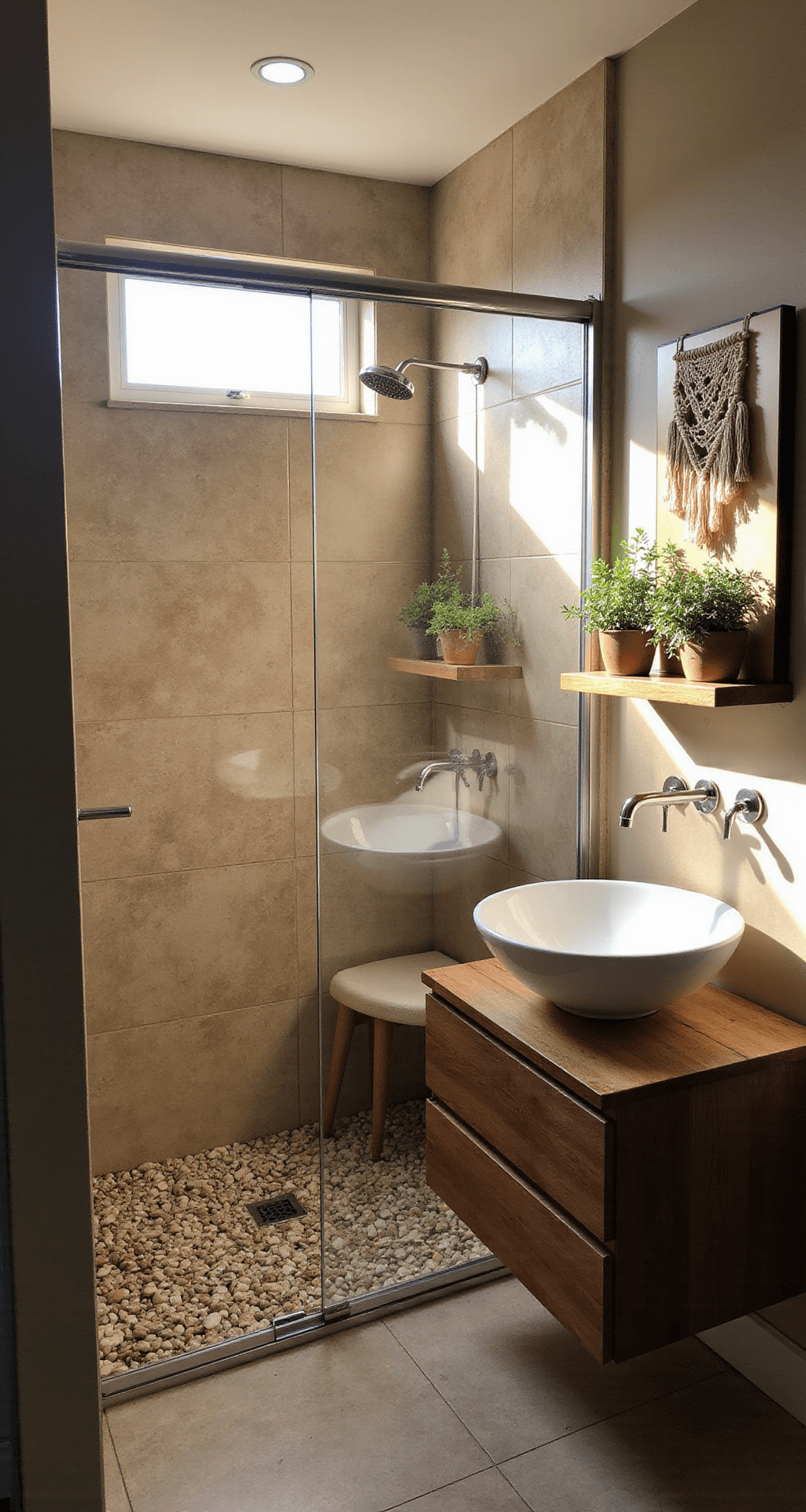 A cozy 5x8 ft guest bathroom bathed in late afternoon sunlight, featuring a frameless corner shower with beige ceramic tiles and pebble stone floor, a floating walnut vanity with a white vessel sink, and bohemian decor elements. The image is captured from a high angle, showcasing warm textures and dramatic shadows.