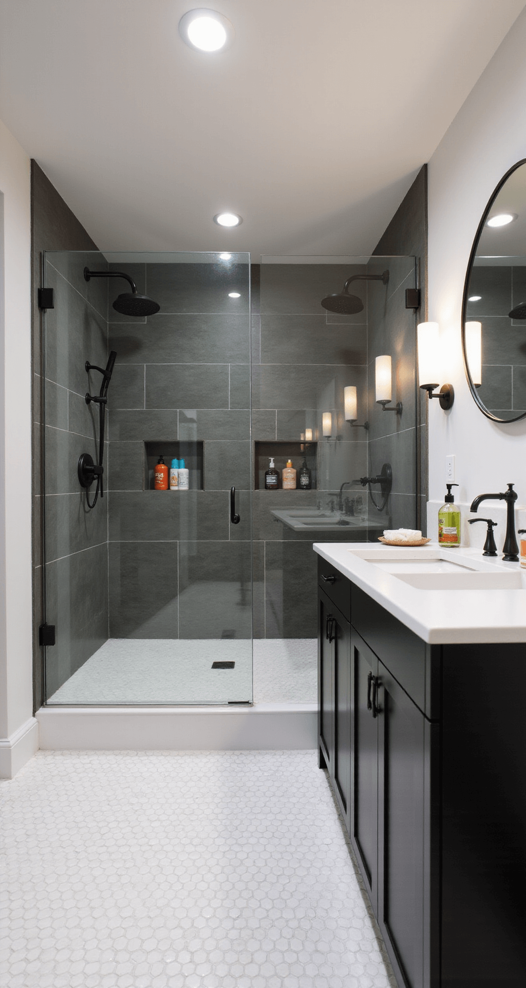 A modern family bathroom featuring a tub-to-shower conversion with a half-glass partition, charcoal porcelain wall tiles, white hexagon floor tiles, a sleek thermostatic shower system, floating shelves with colorful bath products, a matte black double vanity with a white quartz countertop, oversized round mirrors, and cylindrical sconces, all illuminated by recessed LED lighting.