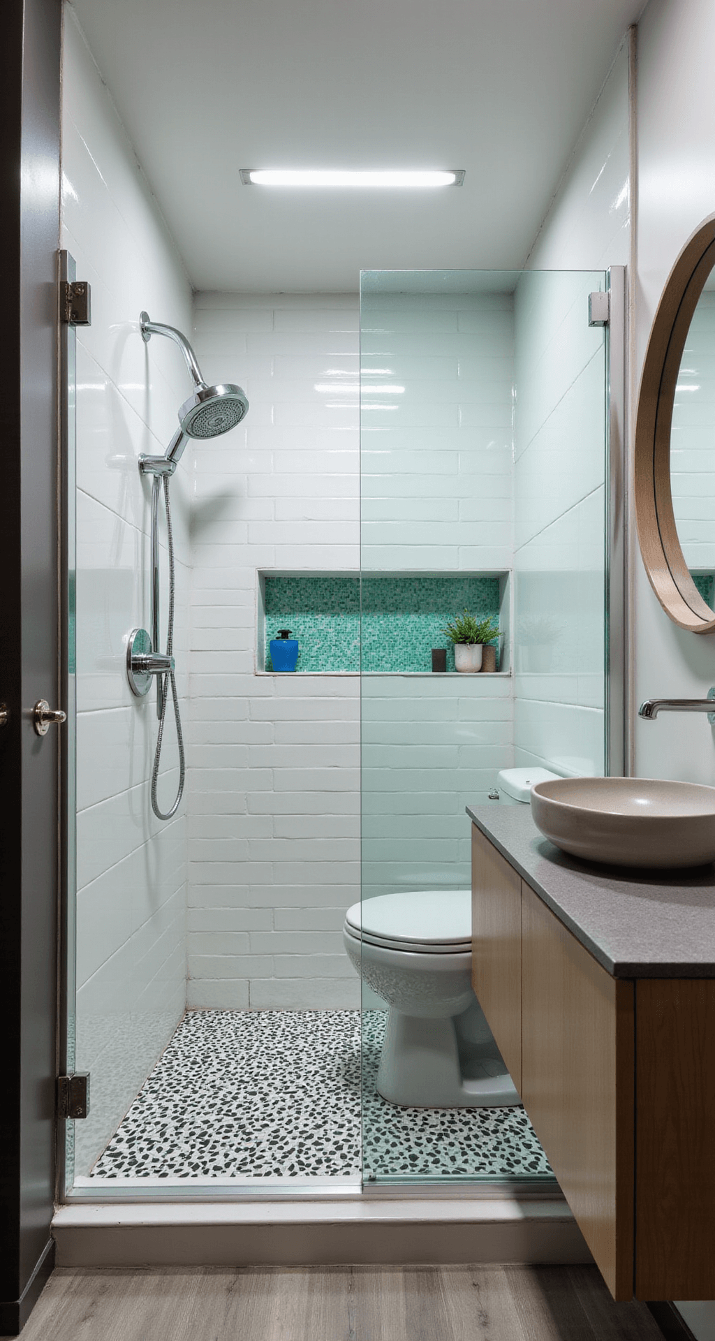A compact urban bathroom featuring a walk-in shower with a clear glass panel, glossy white subway tiles, black and white geometric floor tiles, polished chrome shower fixtures, a mint green mosaic niche, a wall-mounted toilet, and a light oak floating vanity, all illuminated by cool LED strip lighting and captured from the doorway with a wide-angle lens.