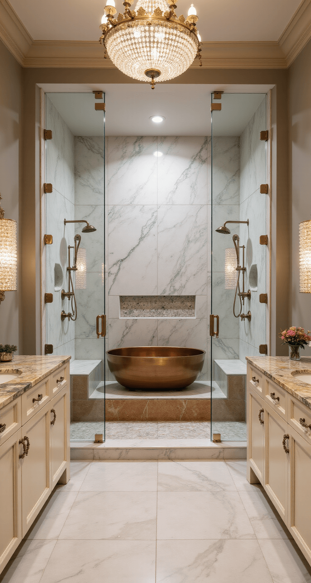 Opulent master suite bathroom featuring a grand chandelier and wall sconces, with a luxurious walk-through shower surrounded by frameless glass and accentuated by Calacatta marble and herringbone tile, a freestanding copper soaking tub, and elegant his-and-hers vanities, all illuminated in warm light.