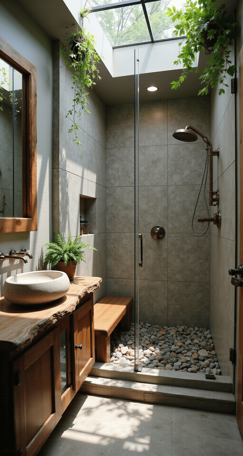 A serene nature-inspired bathroom with a corner shower enclosed in textured glass, featuring weathered wood tiles and river rock flooring. The space is illuminated by dappled light from a skylight, showcasing a live-edge wood vanity, natural stone vessel sink, and hanging plants, all framed by a driftwood mirror.