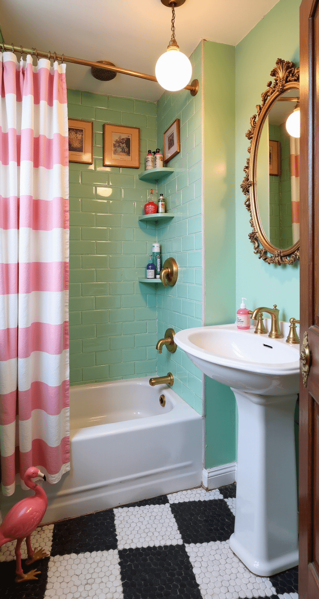 A vibrant retro-chic bathroom featuring a mint green subway tile alcove shower with a pink and white striped curtain, polished brass fixtures, and whimsical decor, illuminated by warm globe pendant lights.