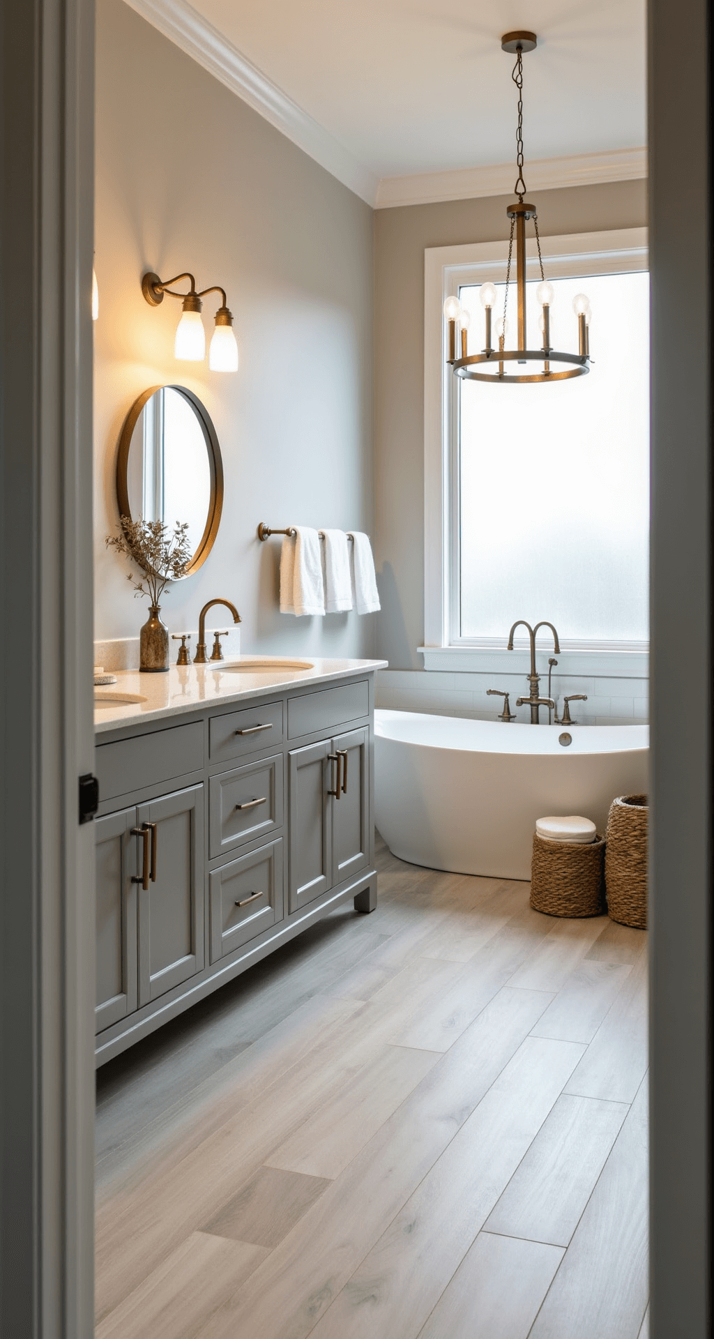 A spacious and serene master bathroom featuring pale greige walls, a double vanity with quartz countertops, circular backlit mirrors, a freestanding soaking tub, and warm diffused light from a large frosted window.