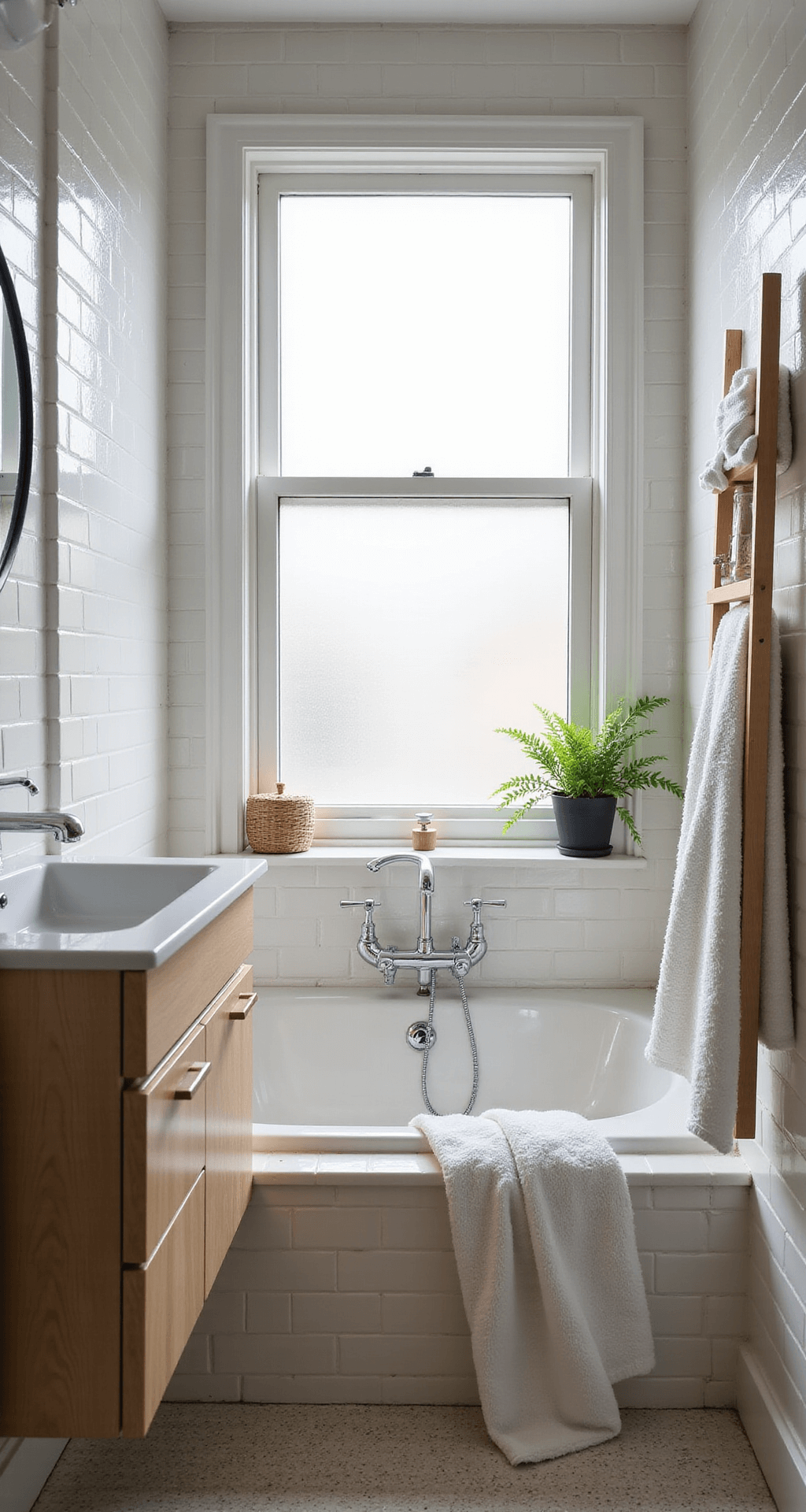 A serene 35 sq ft bathroom featuring a cozy alcove tub, sleek chrome fixtures, a floating pale oak vanity, and white subway tiles, illuminated by soft morning light through a frosted window, with plush towels and a potted fern adding warmth and color.