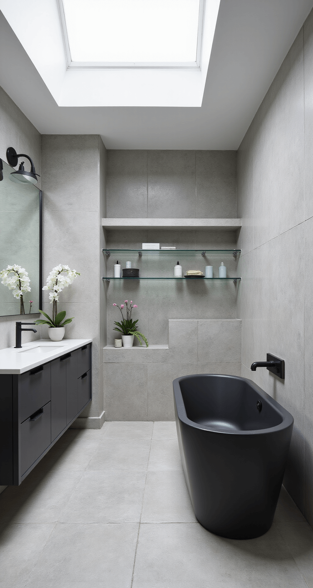 A modern 45 sq ft bathroom featuring a compact matte black freestanding tub, light gray large-format tiles, a charcoal floating vanity with a white quartz top, and a skylight that illuminates the minimalist decor and glass shelves with an orchid.