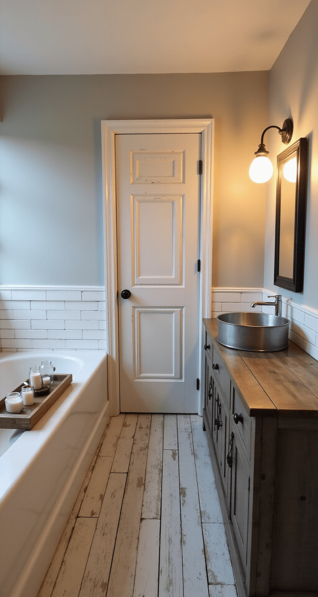 A cozy farmhouse-inspired bathroom featuring a corner tub with shiplap surround, a rustic wooden tray with candles, distressed white wooden floors, a repurposed barn door, a galvanized metal sink on a wooden vanity, and warm ambient lighting from mason jar sconces, all set at dusk.