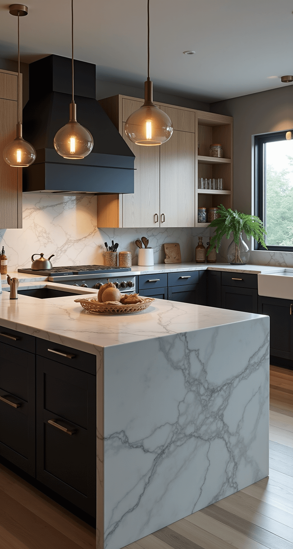 A professional-grade kitchen featuring a waterfall marble island, integrated matte black Sub-Zero appliances, white oak cabinetry, and brushed brass pendant lights, captured at blue hour to highlight its refined luxury and organizational flow.