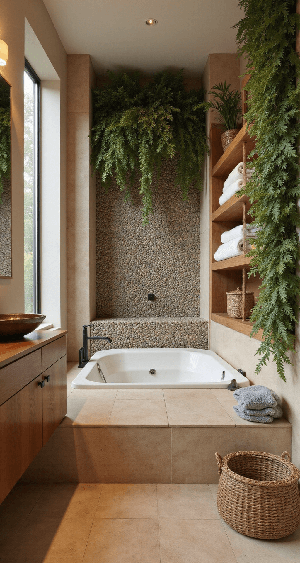 A serene 48 sq ft bathroom bathed in soft afternoon light, featuring an alcove tub with a pebble tile surround, warm beige travertine floors, a teak ladder shelf with towels and baskets, a living wall of ferns, and a floating wood countertop with a vessel sink, creating a tranquil and organic atmosphere.