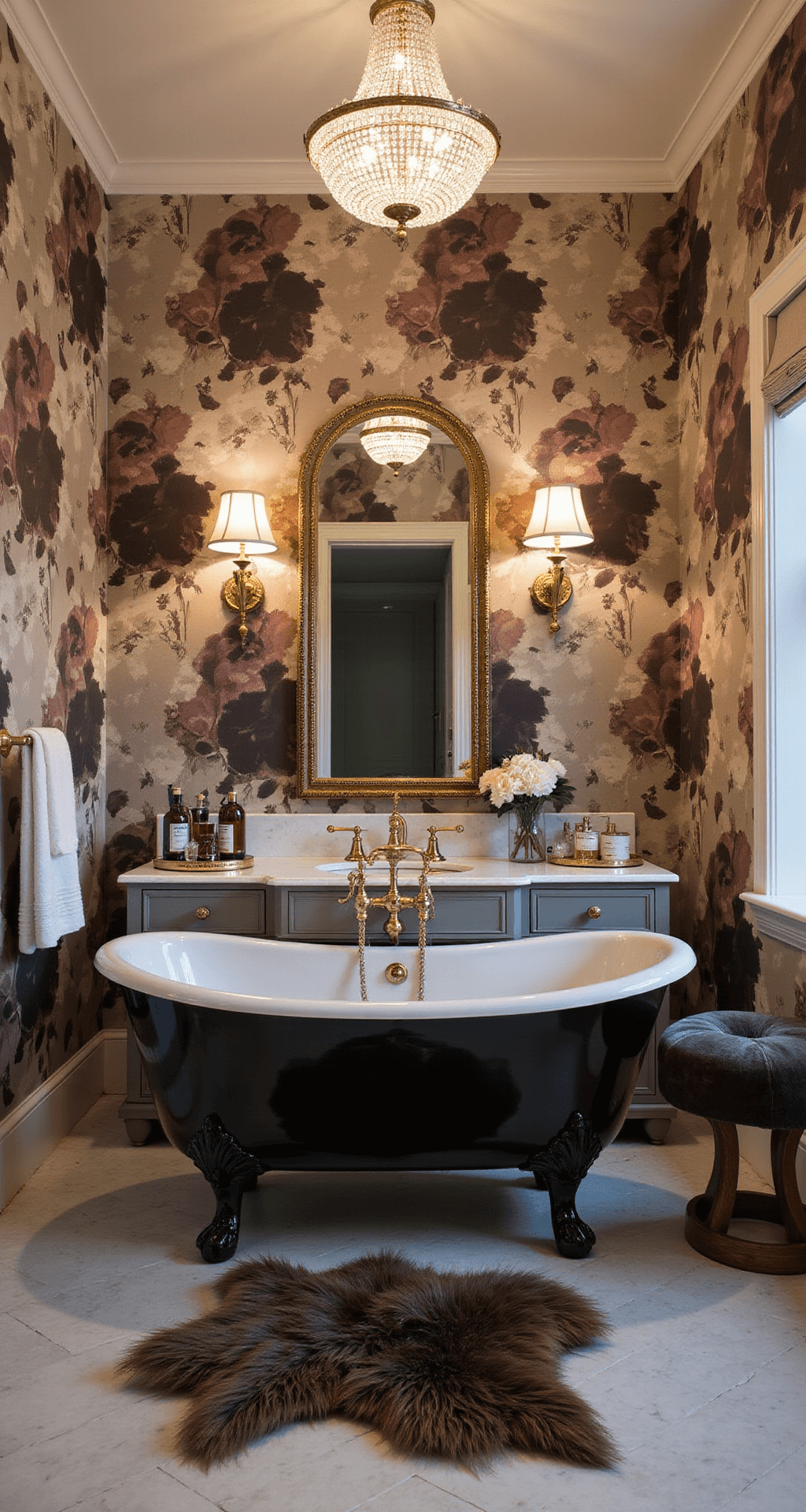 A luxurious 42 sq ft bathroom featuring a high-gloss black clawfoot tub, large floral wallpaper, a crystal chandelier, marble-topped vanity with gold-framed mirror, and herringbone marble floors, all illuminated by soft evening light, creating an opulent and feminine atmosphere.