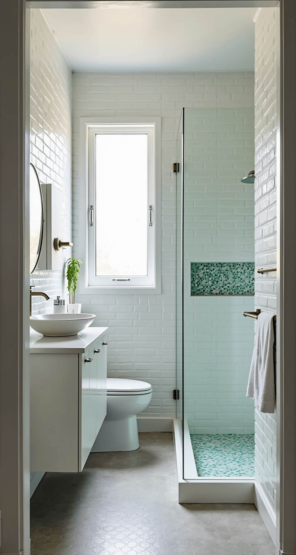Bright and airy 5x8 ft bathroom with white subway tiles, light gray penny tile flooring, floating white vanity, large round mirror with LED backlighting, glass-enclosed shower with rainfall showerhead, sea-green mosaic tile niche, plush white towels on brushed brass towel bar, and a small potted fern on the toilet tank, illuminated by morning sunlight.