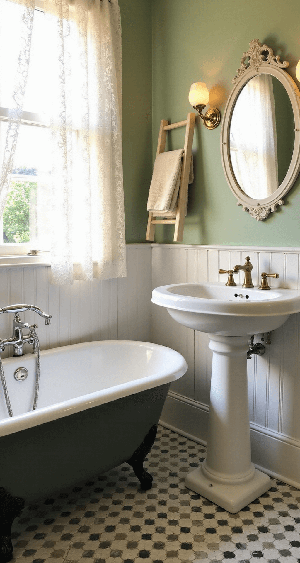 A cozy vintage-inspired bathroom featuring a clawfoot tub and pedestal sink, illuminated by warm light through lace curtains, with sage green walls, beadboard wainscoting, and black and white octagonal tile flooring.
