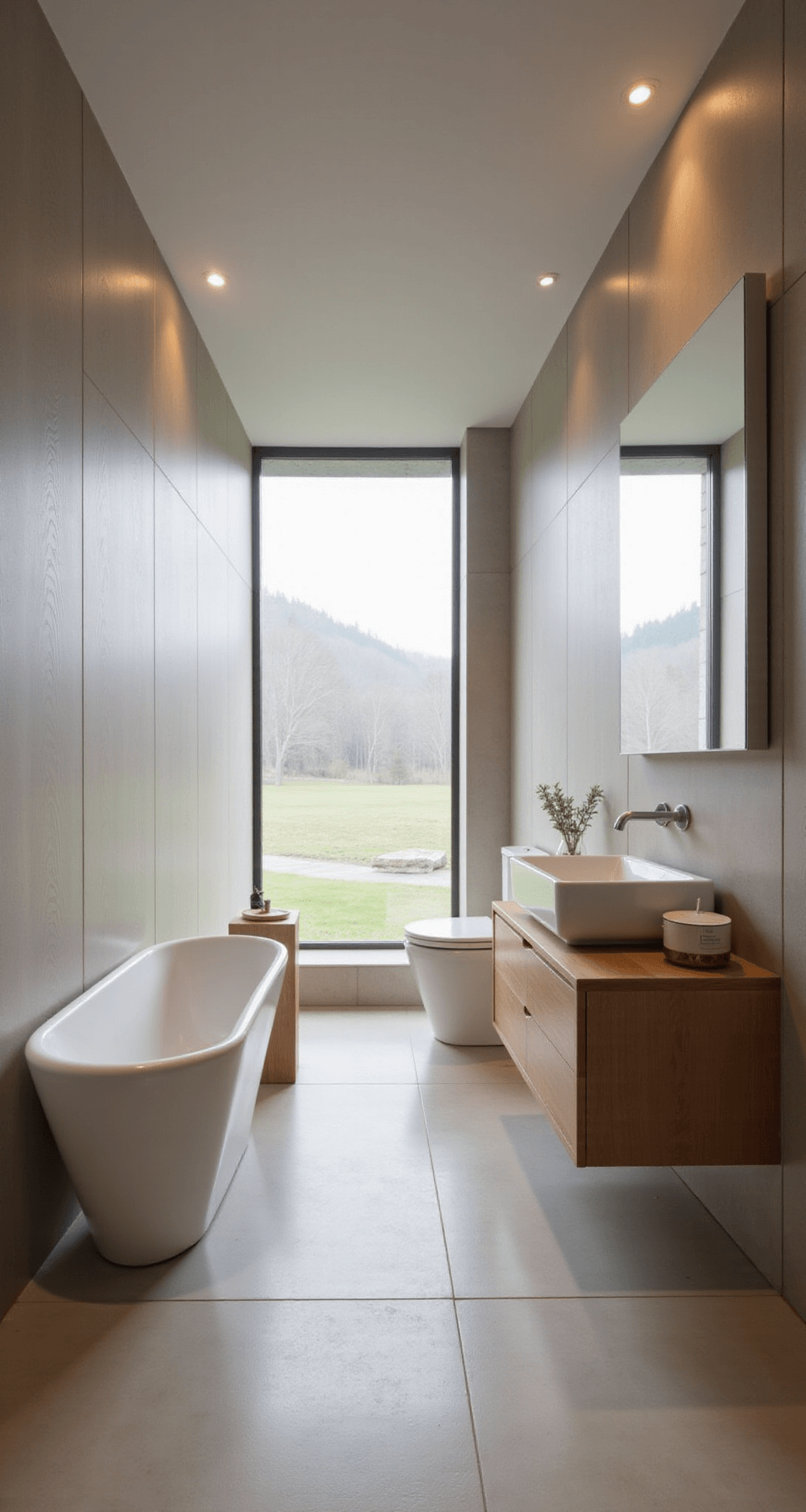 A minimalist 5x7 ft bathroom adorned with Japanese-inspired elements, featuring a freestanding matte white soaking tub, floating warm-toned wooden vanity, porcelain tile walls resembling pale wood grain, and early morning light filtering through a shoji screen window.