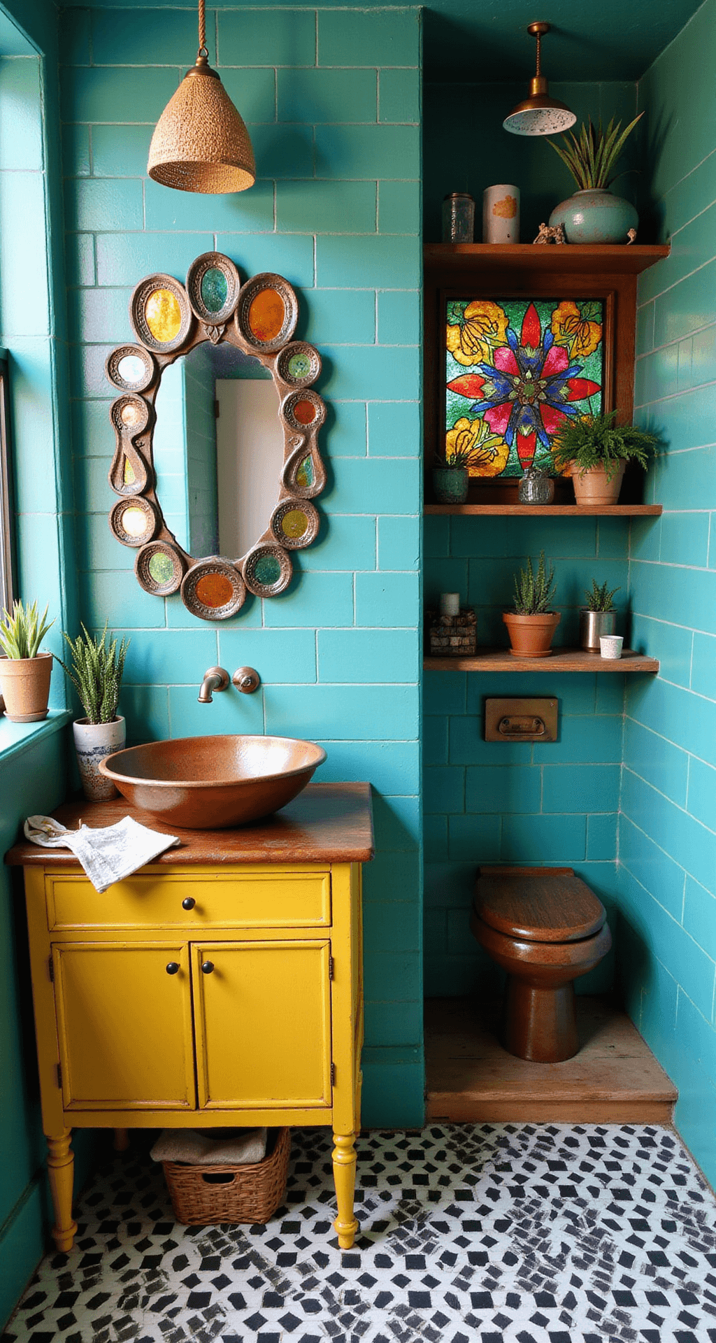 A vibrant 4x8 ft bathroom featuring teal subway tiles, black and white geometric patterned floor, sunny yellow salvaged wood vanity with a hammered copper sink, an eclectic mirror collection, a colorful stained glass shower, quirky pottery on open shelves, and a woven rattan pendant light.