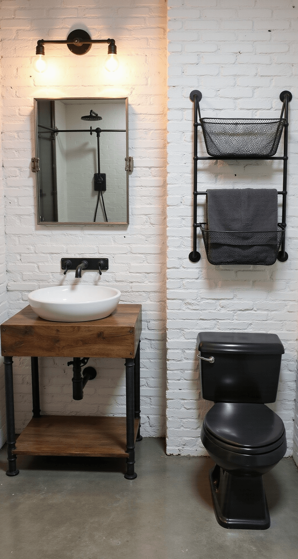 An industrial-chic bathroom showcasing whitewashed exposed brick walls, polished concrete flooring, a reclaimed wood and black steel vanity with a white porcelain sink, a riveted metal mirror, Edison bulb sconces, a matte black shower with a glass enclosure, metal mesh wall storage, and a black metal ladder towel rack with gray towels.