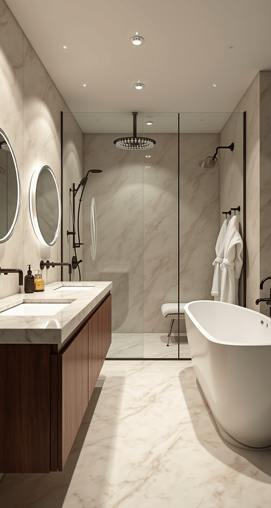 A luxurious spa-inspired bathroom featuring marble-effect porcelain walls, heated ivory travertine tiles, a freestanding oval tub with a brass faucet, a floating walnut double sink vanity with a Carrara marble countertop, LED halo mirrors, a seamless glass walk-in shower with body jets, a small chandelier, and plush white robes.