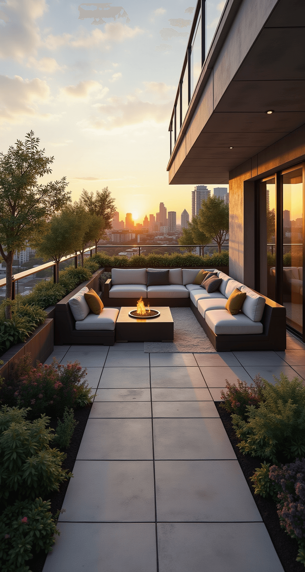 Sunset view of an 800 sq ft private terrace with modern concrete pavers, weatherproof bouclé sectional seating, vertical garden planters, and glass railings, captured from a corner angle in golden hour lighting.