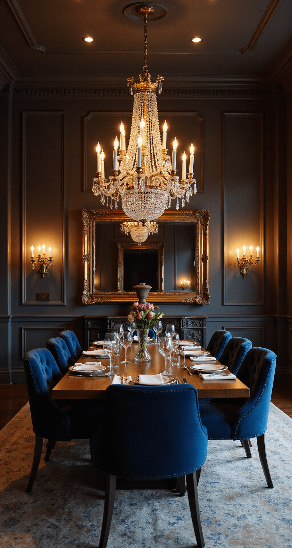 An elegant evening dining room featuring a custom walnut table for ten, surrounded by deep navy velvet chairs. A striking crystal chandelier casts dramatic shadows, while an antiqued mirror wall reflects the city lights outside. The low camera angle showcases the ceiling height, enhanced by sophisticated mood lighting.