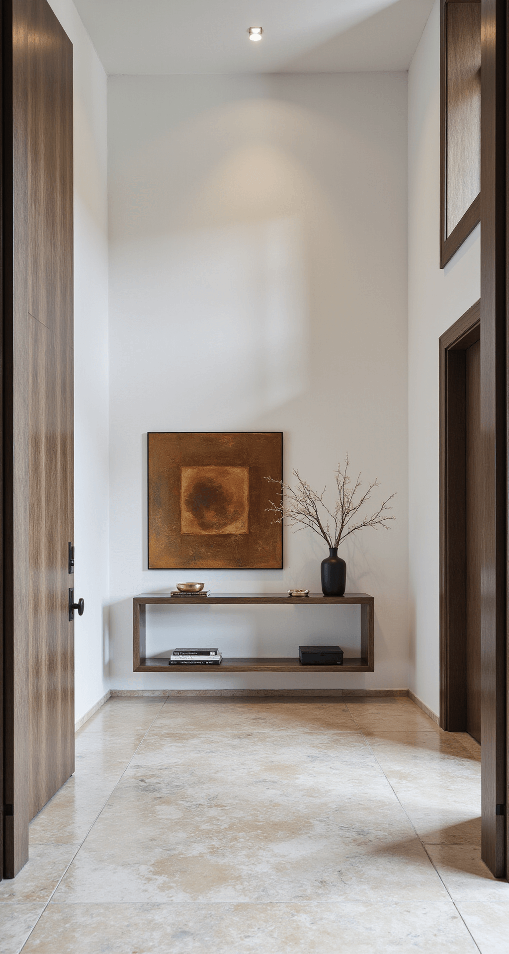 Daytime view of an elegant 300 sq ft foyer with 14-foot ceilings, featuring book-matched marble floors, a bronze and glass floating console, and large abstract artwork as a focal point, highlighted by natural light and gallery spots, with visible private elevator access.