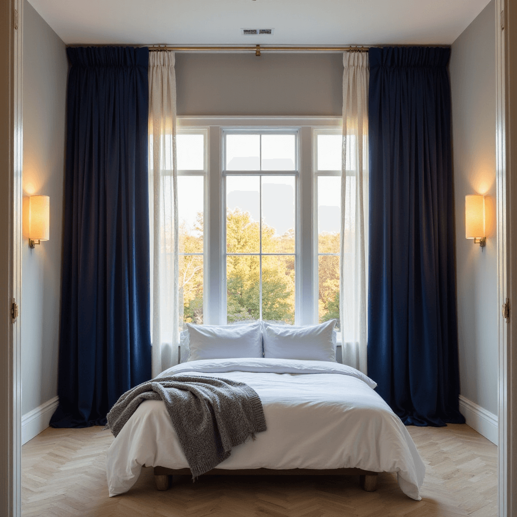 A serene master bedroom featuring a king bed with white linens, accented by a gray throw, and elegant floor-to-ceiling navy velvet curtains with ivory sheers, all captured in warm golden hour lighting.