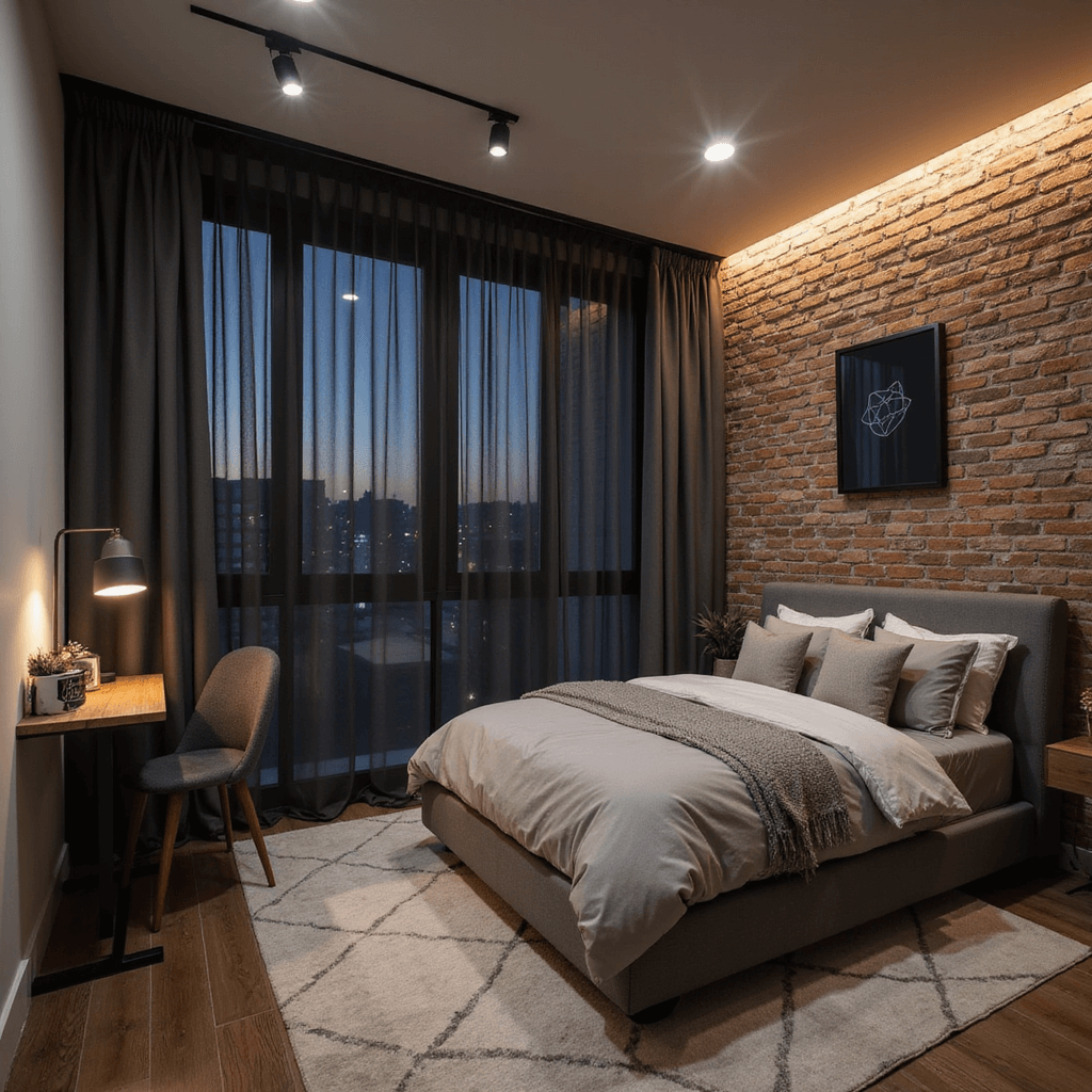 Cozy urban bedroom at dusk featuring an exposed brick accent wall, motorized charcoal blackout curtains on a recessed ceiling track, and a modern platform bed beside a softly glowing smart home panel, all adorned with minimalist decor in grays and whites accented by copper details, illuminated by ambient smart LED strips.