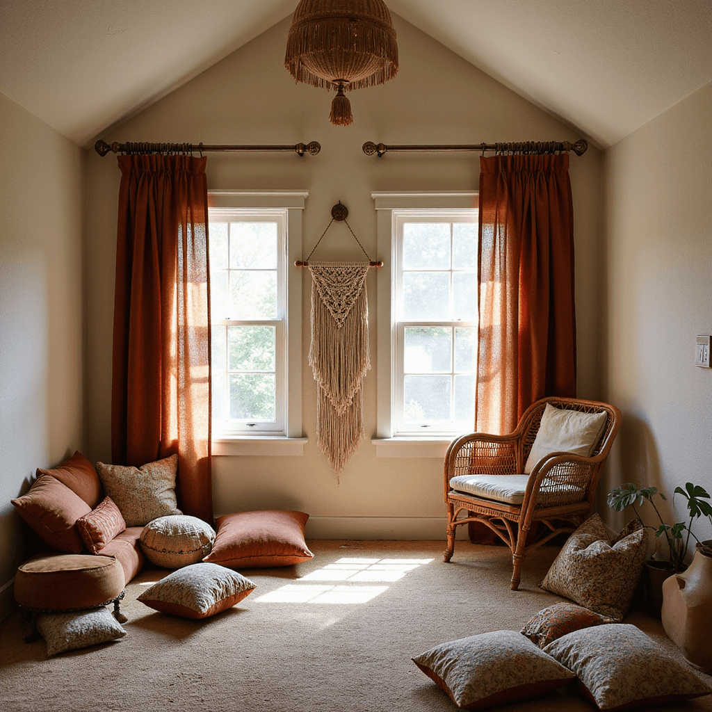 A spacious Bohemian bedroom sanctuary featuring a vaulted ceiling, bathed in morning light. Sheer linen and rust-colored velvet window treatments frame macramé wall hangings, while rattan furniture and Moroccan pillows create a textured and inviting atmosphere. A wide-angle view showcases the layered textiles and natural lighting.
