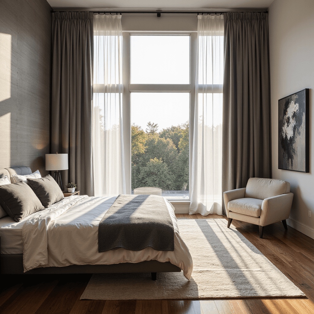A contemporary primary bedroom featuring floor-to-ceiling windows with automated silk-blend curtains in warm gray, floating above Brazilian walnut floors. The room is furnished with modern low-profile furniture in creams and charcoals, and abstract art reflecting the curtain's movement, all illuminated by dynamic afternoon sunlight creating shadows.