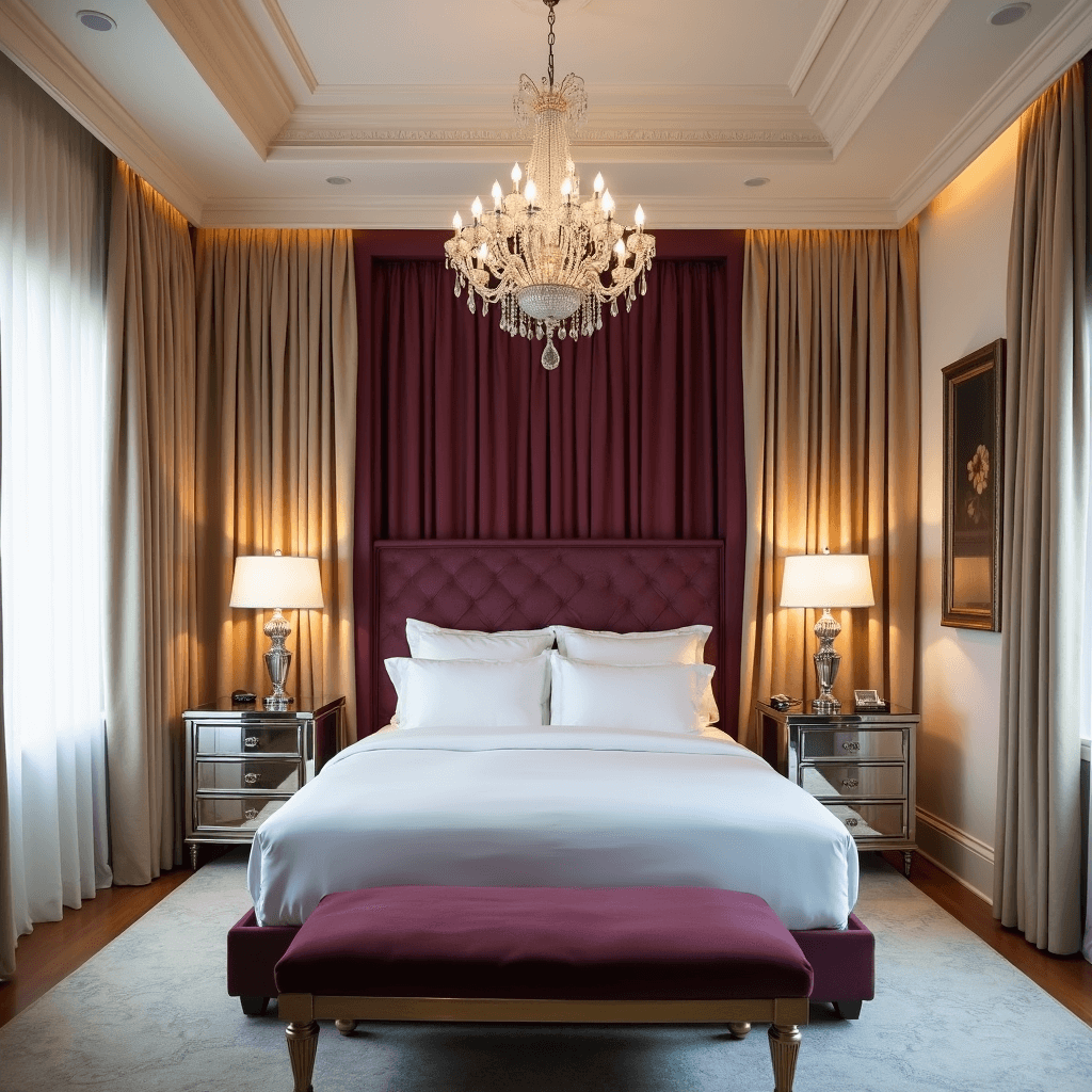 Luxurious hotel-inspired bedroom featuring an elegant tray ceiling, double-layer curtains in deep aubergine, a king bed with white Italian linens, crystal chandelier, and mirrored nightstands, all captured with low-angle shot and professional lighting.