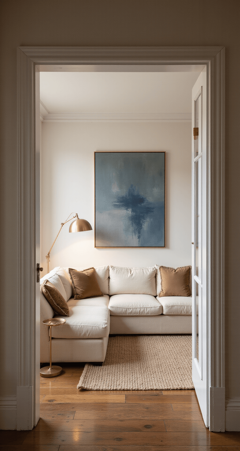 A sun-drenched 400 sq ft studio apartment at golden hour, showcasing an open-plan space with 10ft ceilings, cream linen sectional, brass floor lamp, and a large abstract canvas. Herringbone hardwood floors are partially covered by a hand-knotted silk rug, creating a serene and sophisticated atmosphere.