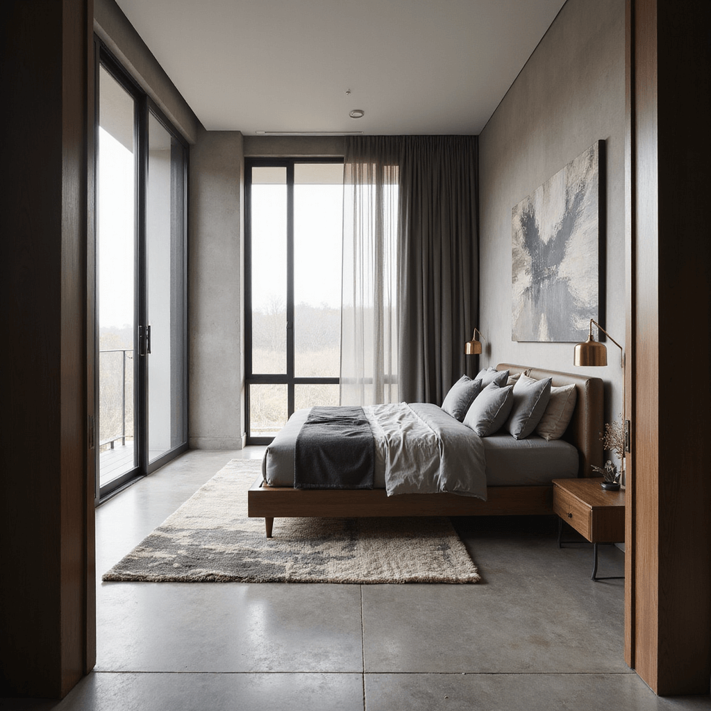 Contemporary bedroom suite featuring a platform bed in dark walnut, monochromatic grey bedding, and large-scale abstract art, illuminated by early morning light filtering through floor-to-ceiling windows with sheer blinds, all set on polished concrete floors with a plush area rug.