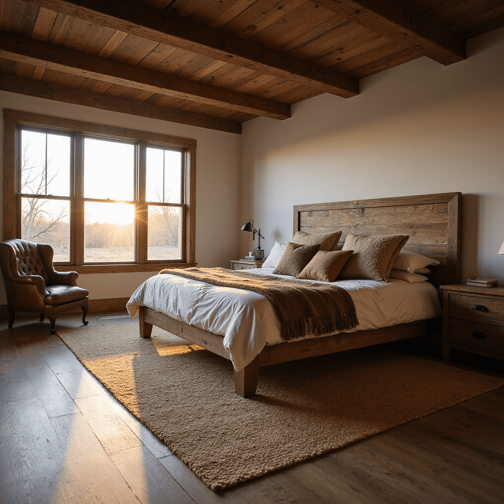 A cozy, sunlit bedroom featuring a king-size bed with a barn wood headboard, layered linens, and textured pillows, surrounded by exposed cedar beams, wide-plank oak flooring, and a vintage leather armchair, all anchored by a natural jute rug.