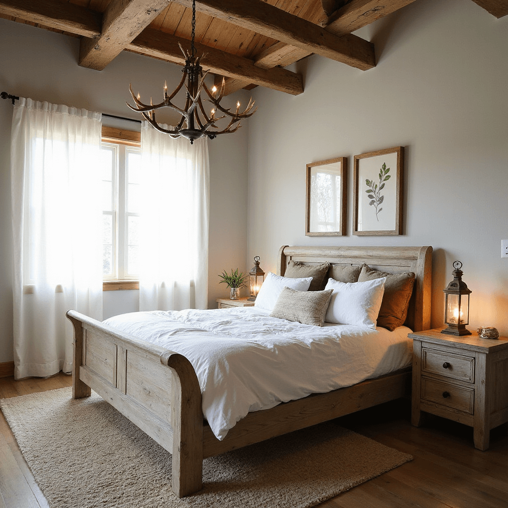 Cozy rustic bedroom with a queen bed dressed in rumpled white bedding and earth-toned pillows, illuminated by morning light filtering through sheer linen curtains; featuring weathered nightstands with copper lanterns, an antler chandelier, and a gallery wall of botanical prints.