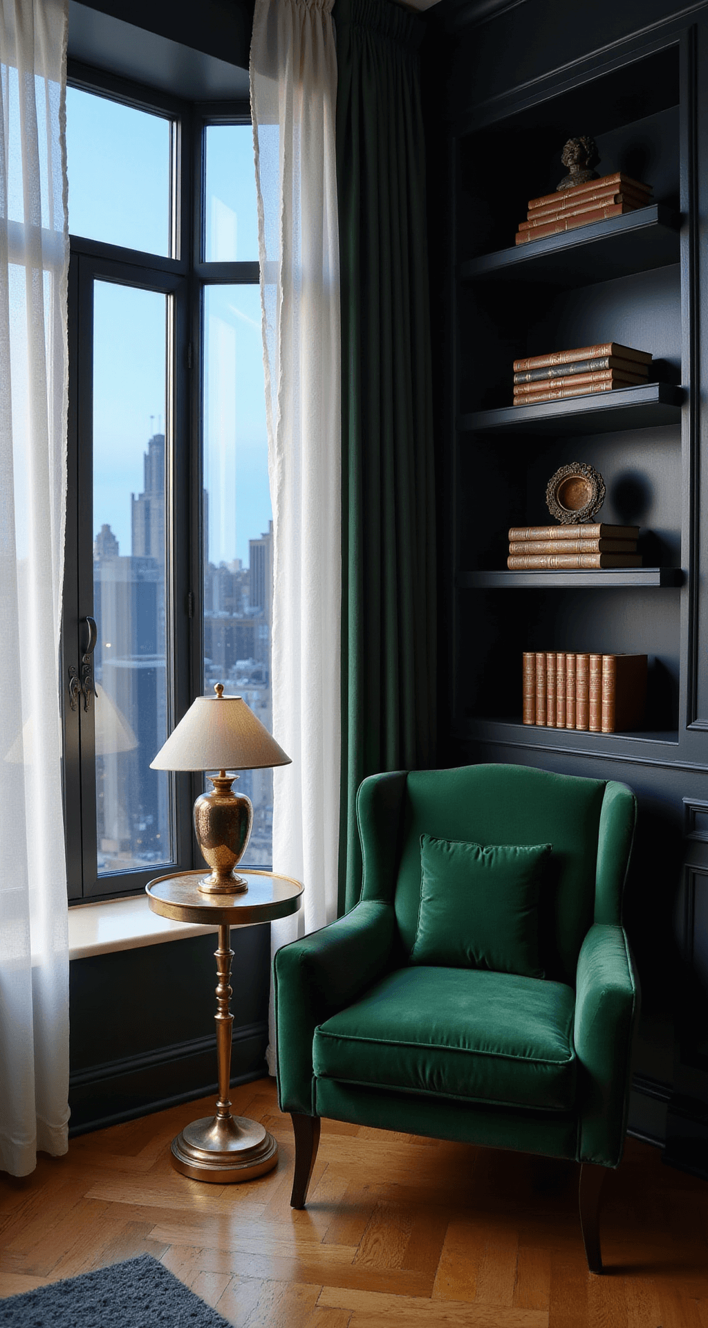 Intimate luxury reading nook at dusk, featuring an emerald green velvet chair, brass drinks table, and mercury glass lamp, with sheer white drapes filtering soft blue hour light through tall windows. Matte black floating shelves showcase art and leather-bound books, captured from a low angle with dramatic side lighting for a moody elegance.