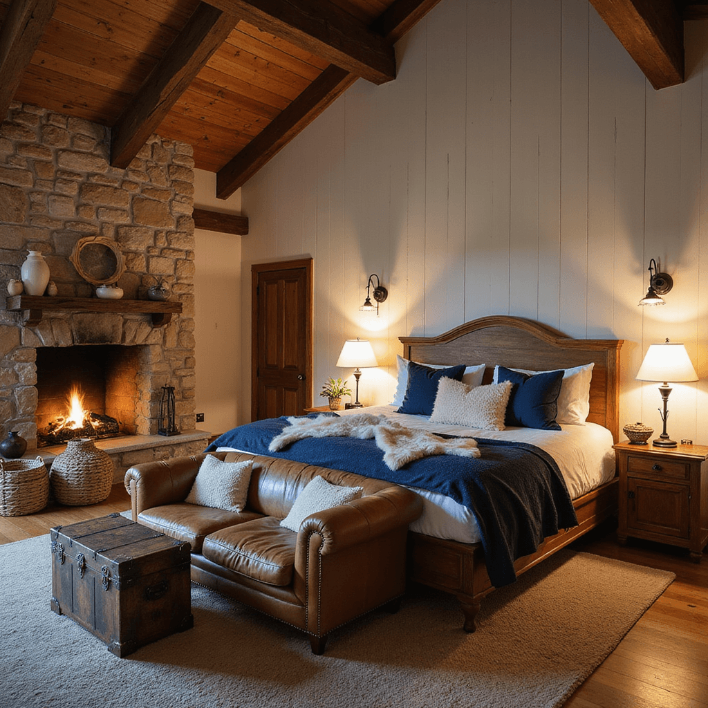 A cozy master bedroom at dusk featuring a large timber bed with indigo blankets, a vintage leather trunk coffee table, a worn leather settee, and a floor-to-ceiling stone fireplace, all illuminated by iron sconces on white-washed pine walls, creating a warm, inviting atmosphere with woven baskets and handmade pottery.