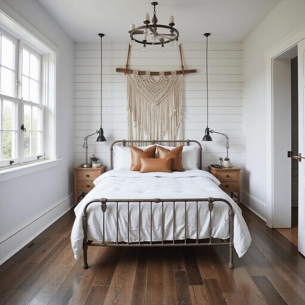 A sunlit bedroom featuring white shiplap walls and dark hardwood floors, showcasing a metal-frame bed with cloud-white linens and leather accent pillows, a macramé wall hanging above, a vintage wooden ladder, and mixed-metal pendant lights.