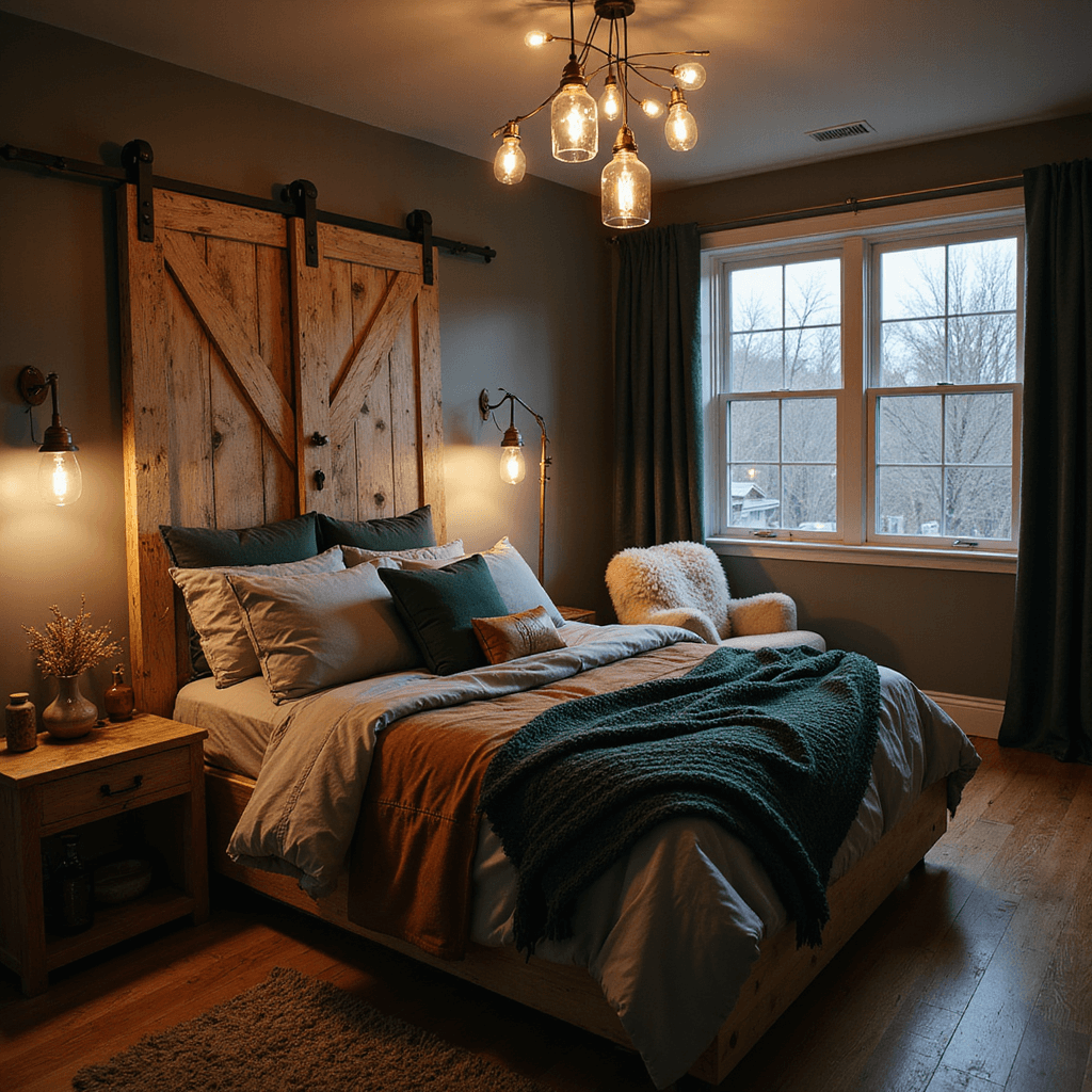 Intimate twilight bedroom with mason jar pendant lights, a reclaimed wood platform bed layered in grey linen and chunky knit throws, a weathered sliding barn door, a cozy reading nook with a sheepskin armchair, and ceramic vessels with dried botanicals, captured from a low angle to emphasize textures and warm atmosphere.