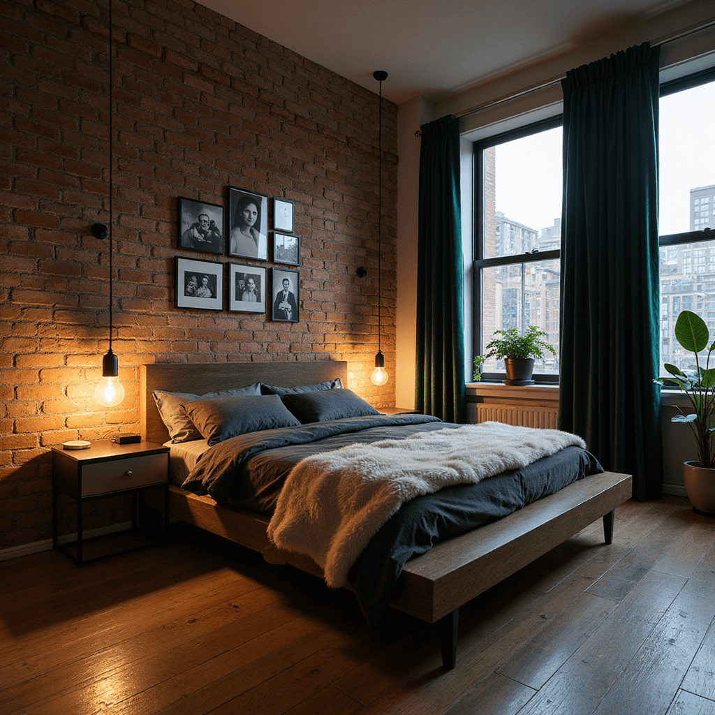 Low-angle evening shot of a contemporary bedroom featuring an exposed brick accent wall, a charcoal linen-dressed floating platform bed, dimmable Edison bulb pendant lights, minimalist black metal nightstands with cream sheepskin throws, a gallery wall of black and white couple's photos, rich emerald velvet curtains, and potted fiddle leaf figs.