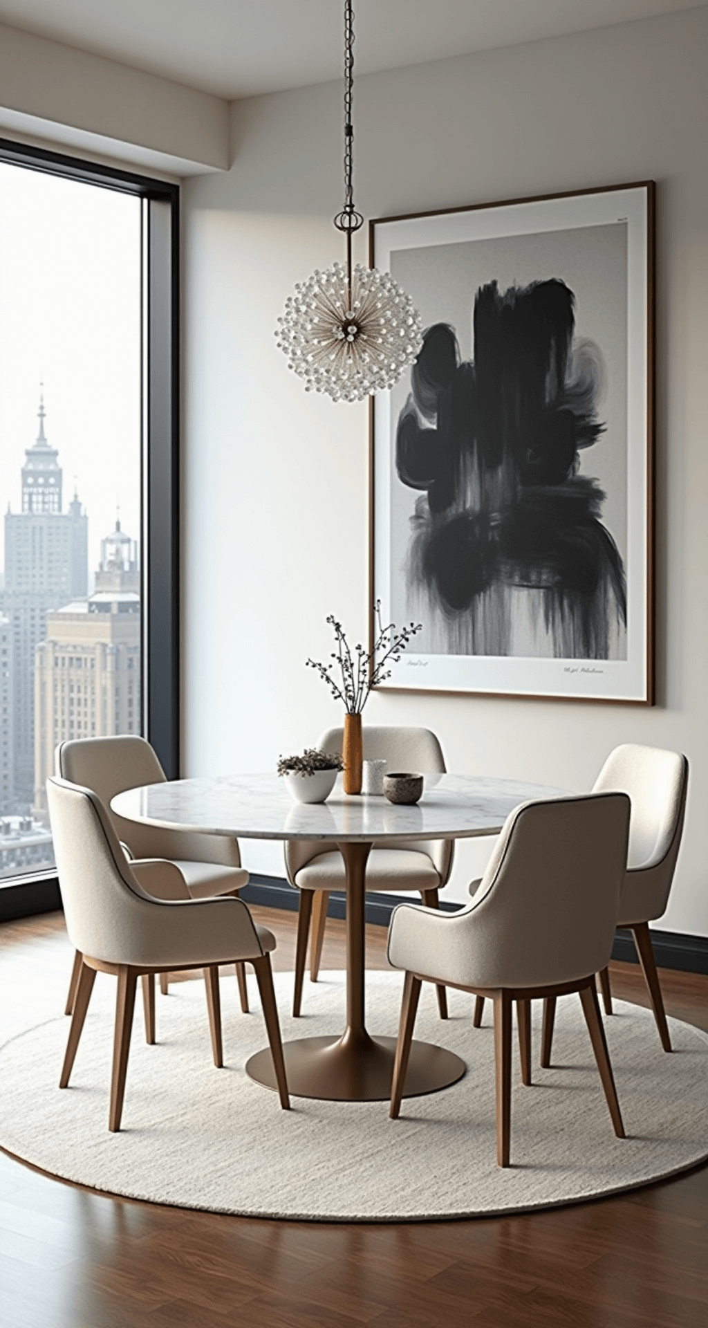 A minimalist dining area bathed in morning light features a round marble table with a brass base, surrounded by cream bouclé chairs, on an ivory wool rug. Floor-to-ceiling windows offer city views, while an oversized black and white abstract photograph serves as a focal point. A crystal pendant light casts soft shadows in the space, captured from a slightly elevated angle.