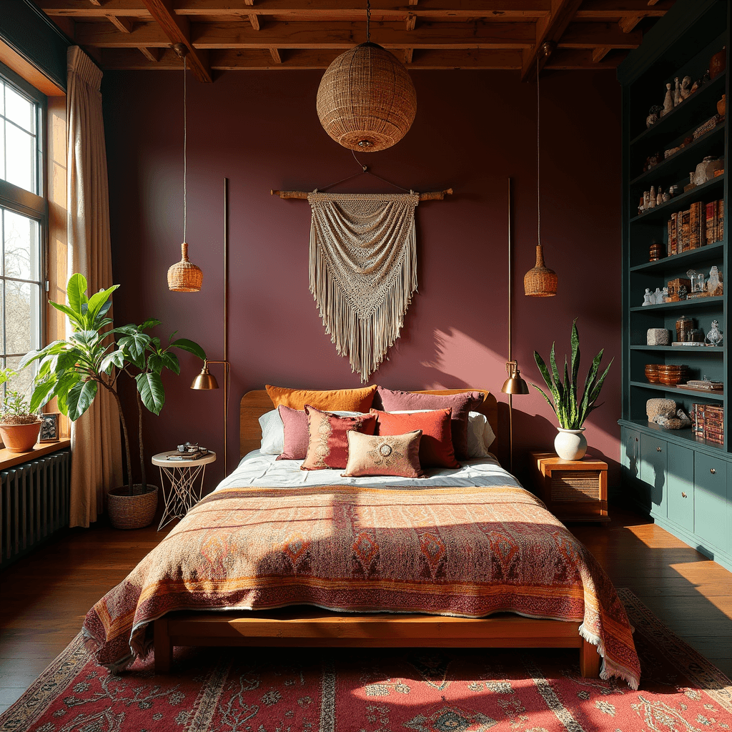 Aerial view of an eclectic bohemian bedroom featuring a low-profile bed with a Moroccan wedding blanket, jewel-toned vintage pillows, and an aubergine accent wall adorned with a macramé wall hanging. Warm brass floor lamps illuminate the space, complemented by layered Turkish rugs in burgundy and orange on dark hardwood floors. Hanging plants and rattan pendant lights form an organic canopy, while built-in shelving displays crystal collections and travel mementos.